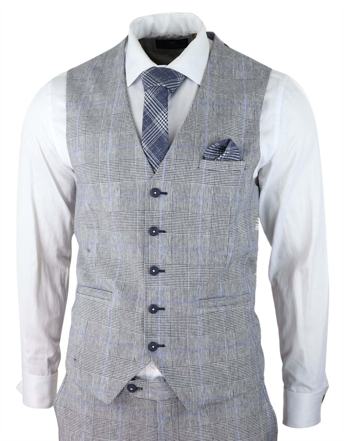 Traje de verano de 3 piezas para hombre, gris a cuadros, azul y negro, corte entallado, clásico, para bodas y ocasiones formales.