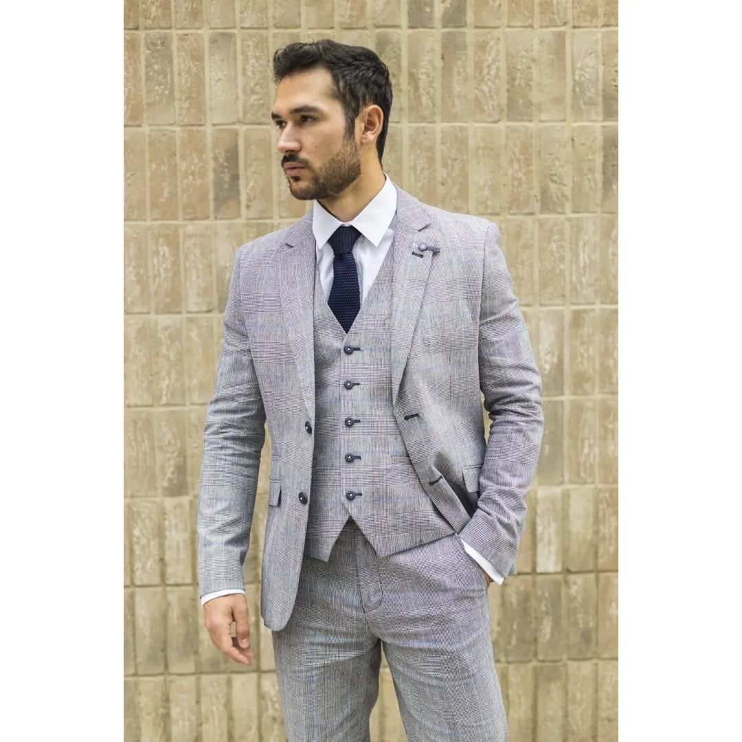 Traje de verano de 3 piezas para hombre, gris a cuadros, azul y negro, corte entallado, clásico, para bodas y ocasiones formales.
