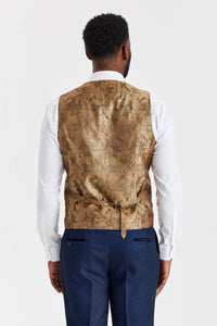 Traje azul marino Arthur con chaleco de tweed marrón de Harris en contraste.