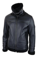 Abrigo de piel de oveja para hombre, chaqueta de aviador con cremallera, color negro, cálido para invierno.