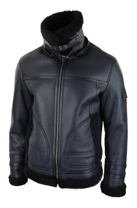 Abrigo de piel de oveja para hombre, chaqueta de aviador con cremallera, color negro, cálido para invierno.