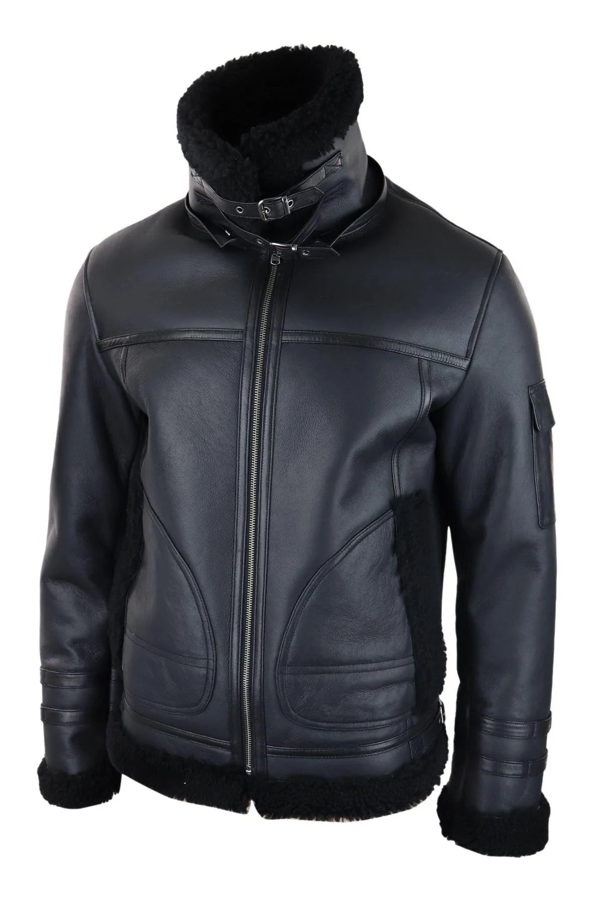 Abrigo de piel de oveja para hombre, chaqueta de aviador con cremallera, color negro, cálido para invierno.