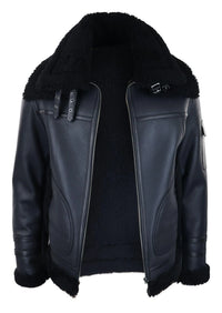 Abrigo de piel de oveja para hombre, chaqueta de aviador con cremallera, color negro, cálido para invierno.
