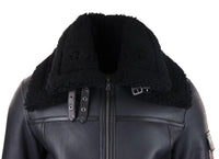Abrigo de piel de oveja para hombre, chaqueta de aviador con cremallera, color negro, cálido para invierno.