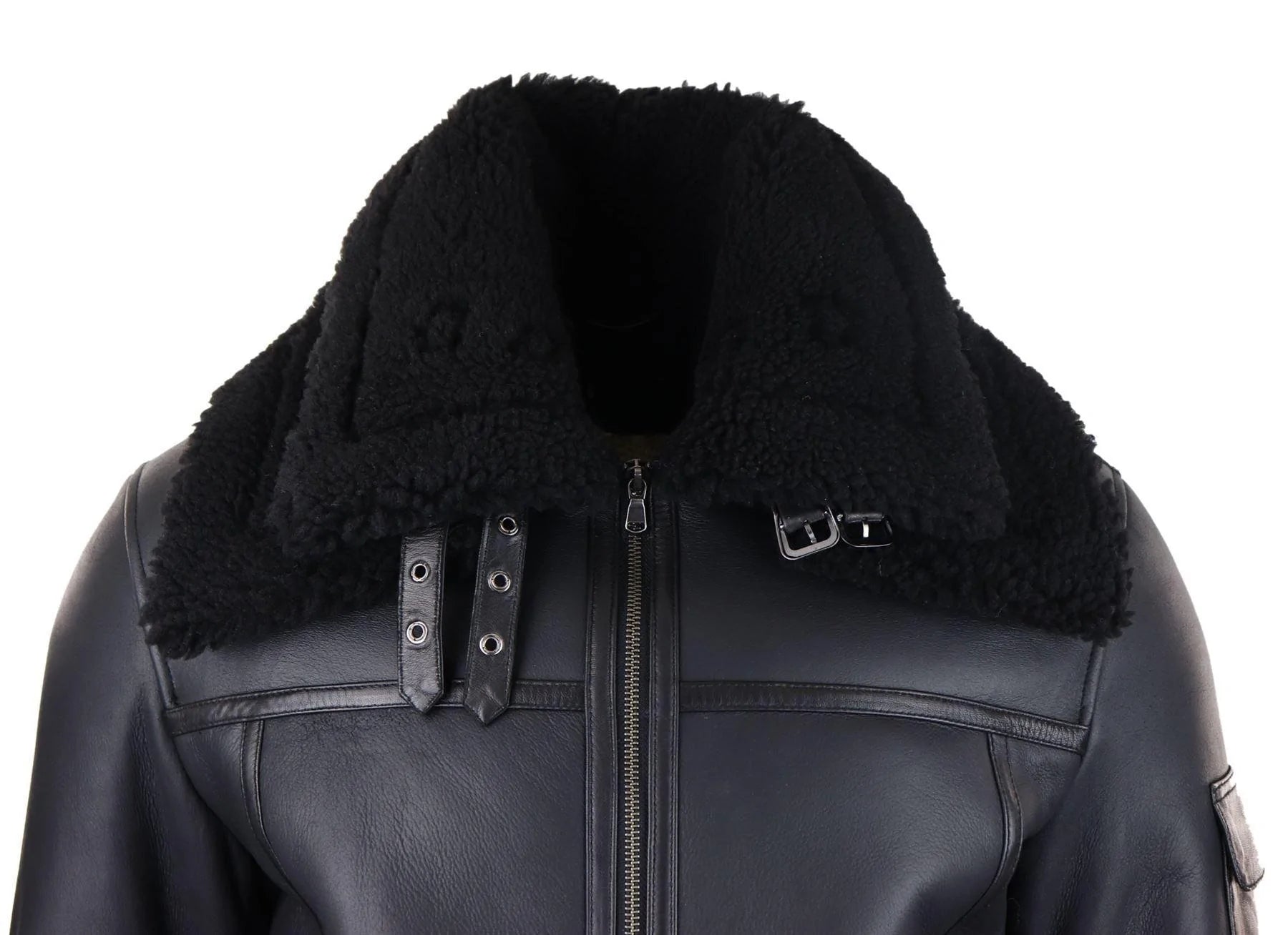 Abrigo de piel de oveja para hombre, chaqueta de aviador con cremallera, color negro, cálido para invierno.