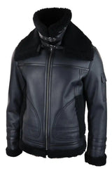 Abrigo de piel de oveja para hombre, chaqueta de aviador con cremallera, color negro, cálido para invierno.