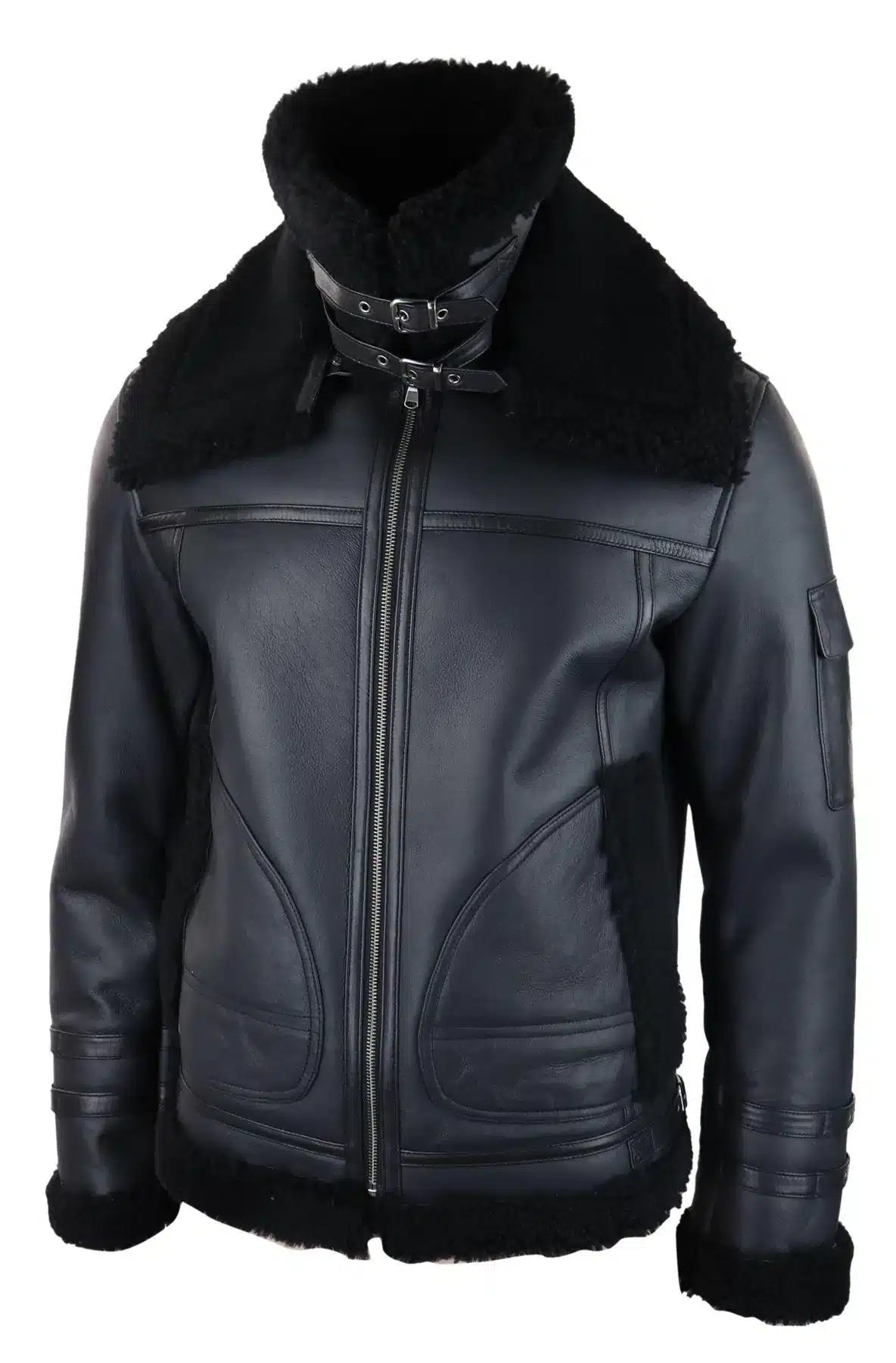 Abrigo de piel de oveja para hombre, chaqueta de aviador con cremallera, color negro, cálido para invierno.