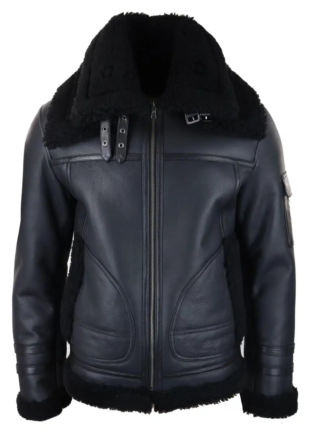 Abrigo de piel de oveja para hombre, chaqueta de aviador con cremallera, color negro, cálido para invierno.