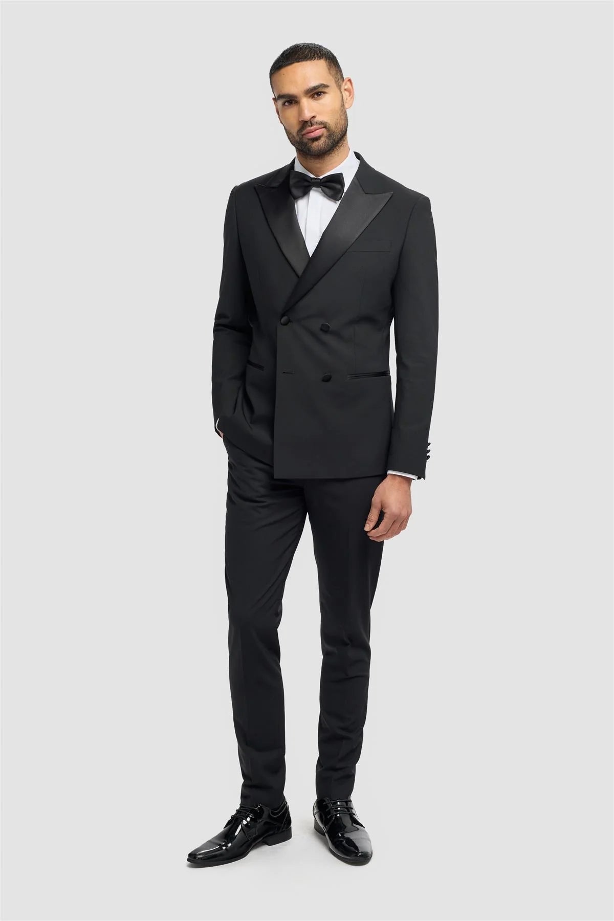 Aspen - Blazer de esmoquin negro de doble botonadura para hombre
