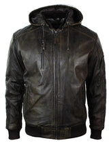 Chaqueta bomber de cuero acolchada para hombre, color marrón lavado y con capucha extraíble.