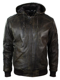 Chaqueta bomber de cuero acolchada para hombre, color marrón lavado y con capucha extraíble.