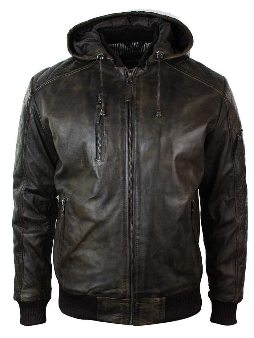 Chaqueta bomber de cuero acolchada para hombre, color marrón lavado y con capucha extraíble.