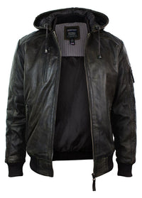 Chaqueta bomber de cuero acolchada para hombre, color marrón lavado y con capucha extraíble.