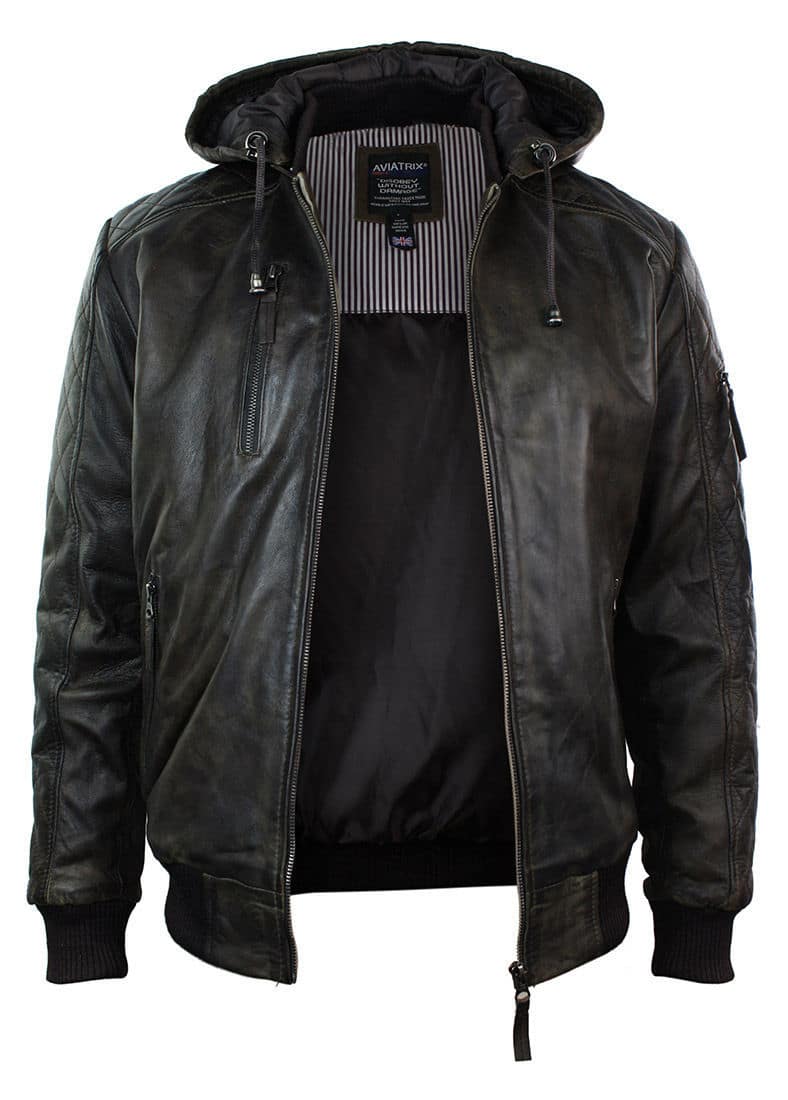 Chaqueta bomber de cuero acolchada para hombre, color marrón lavado y con capucha extraíble.