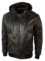 Chaqueta bomber de cuero acolchada para hombre, color marrón lavado y con capucha extraíble.