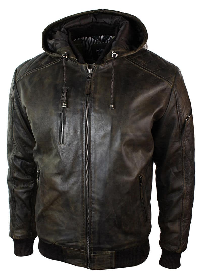Chaqueta bomber de cuero acolchada para hombre, color marrón lavado y con capucha extraíble.