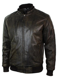 Chaqueta bomber de cuero acolchada para hombre, color marrón lavado y con capucha extraíble.