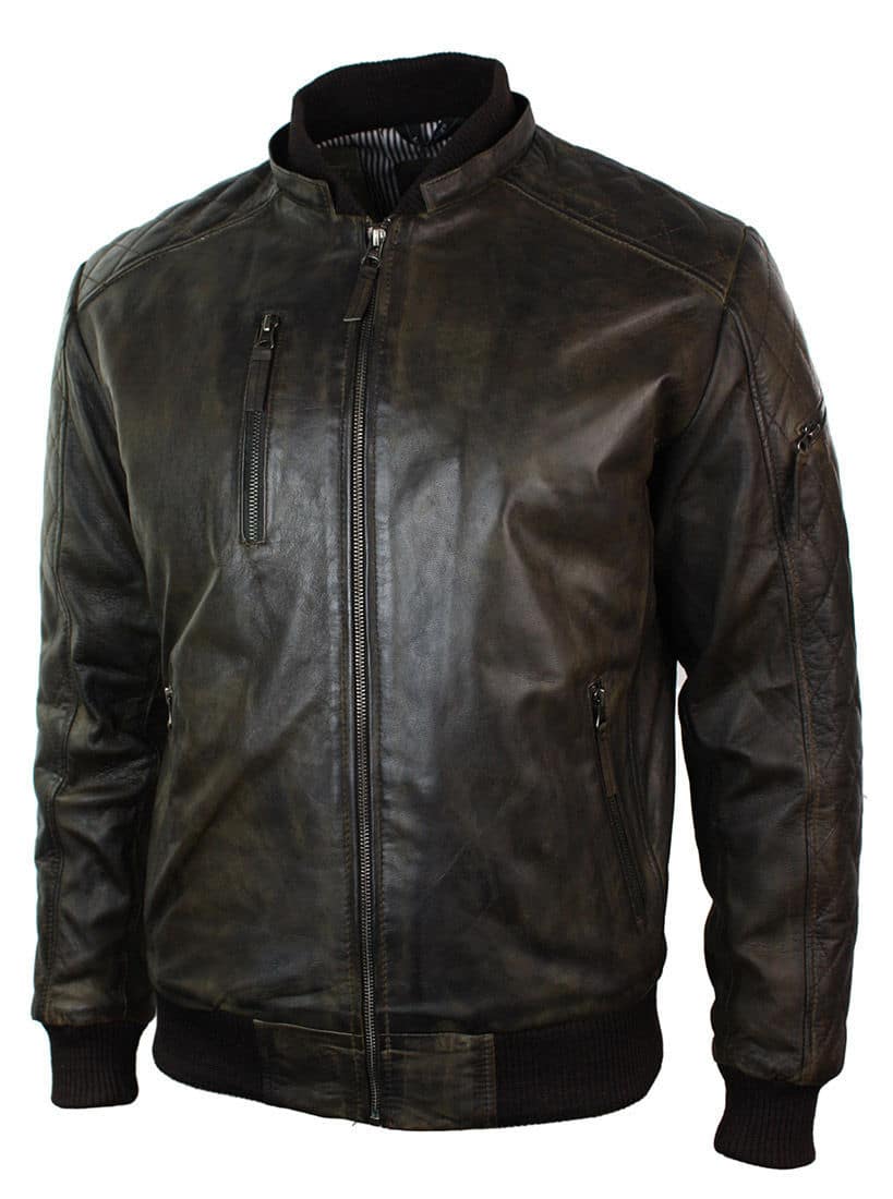 Chaqueta bomber de cuero acolchada para hombre, color marrón lavado y con capucha extraíble.