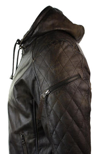 Chaqueta bomber de cuero acolchada para hombre, color marrón lavado y con capucha extraíble.