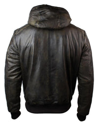 Chaqueta bomber de cuero acolchada para hombre, color marrón lavado y con capucha extraíble.