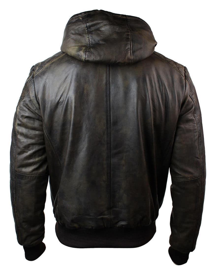 Chaqueta bomber de cuero acolchada para hombre, color marrón lavado y con capucha extraíble.