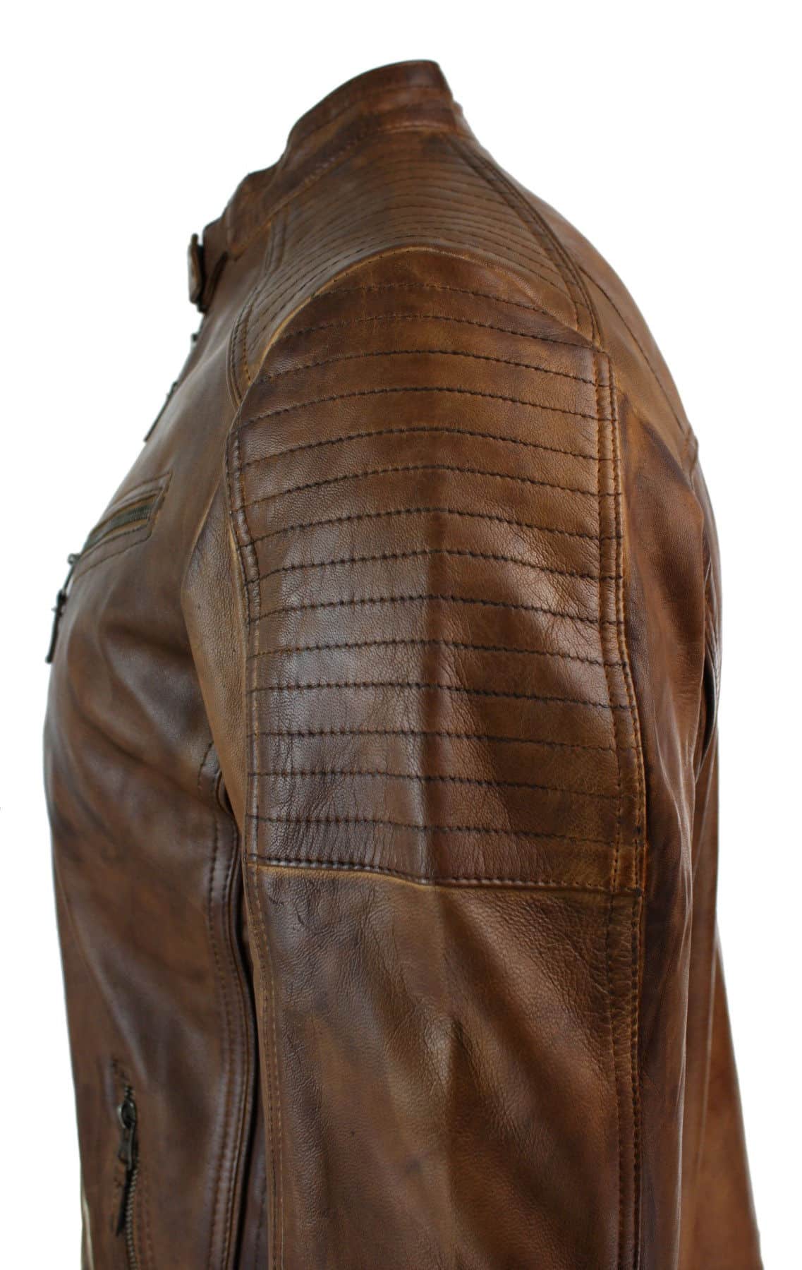 Chaqueta de motociclista para hombre Nevada Timberk Urban, ajustada, de cuero auténtico, estilo retro, con cremallera.