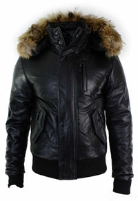 Chaqueta bomber de cuero con capucha de piel auténtica para hombre, color negro, acolchada.