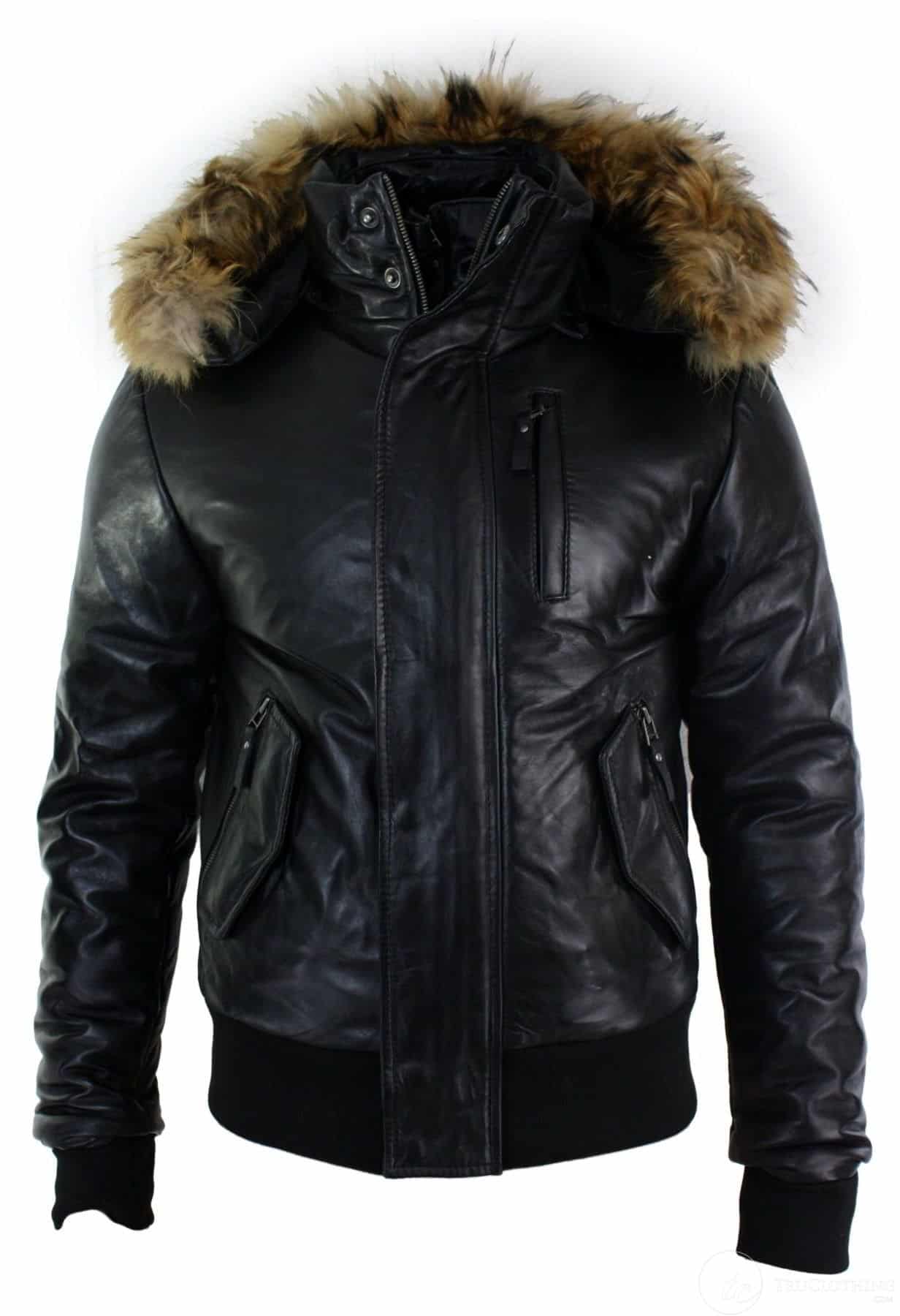 Chaqueta bomber de cuero con capucha de piel auténtica para hombre, color negro, acolchada.