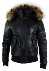 Chaqueta bomber de cuero con capucha de piel auténtica para hombre, color negro, acolchada.