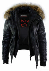 Chaqueta bomber de cuero con capucha de piel auténtica para hombre, color negro, acolchada.