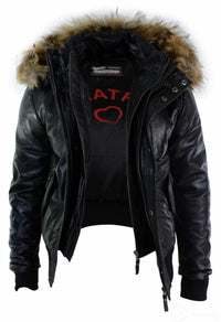 Chaqueta bomber de cuero con capucha de piel auténtica para hombre, color negro, acolchada.