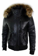 Chaqueta bomber de cuero con capucha de piel auténtica para hombre, color negro, acolchada.