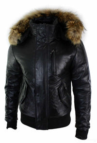 Chaqueta bomber de cuero con capucha de piel auténtica para hombre, color negro, acolchada.