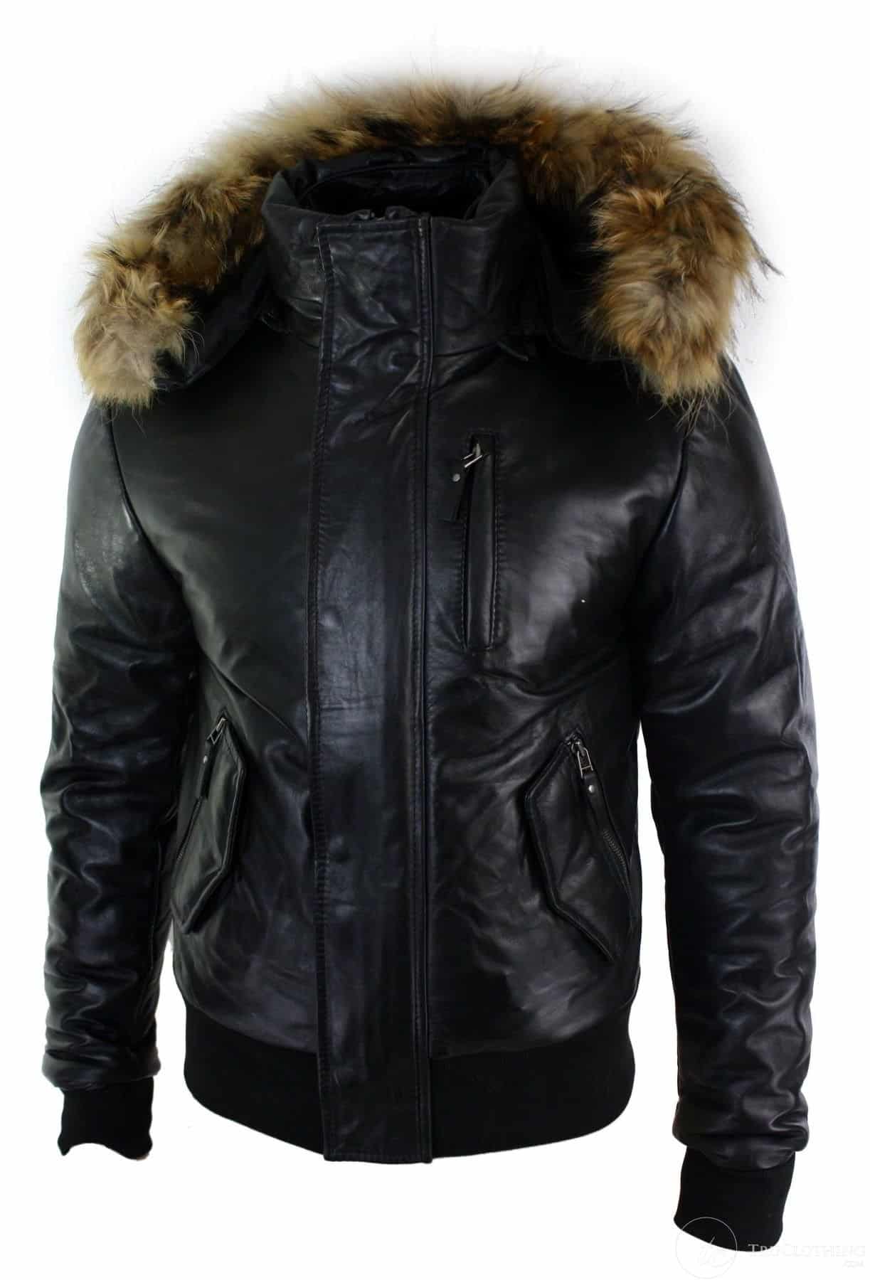 Chaqueta bomber de cuero con capucha de piel auténtica para hombre, color negro, acolchada.