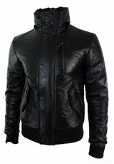 Chaqueta bomber de cuero con capucha de piel auténtica para hombre, color negro, acolchada.