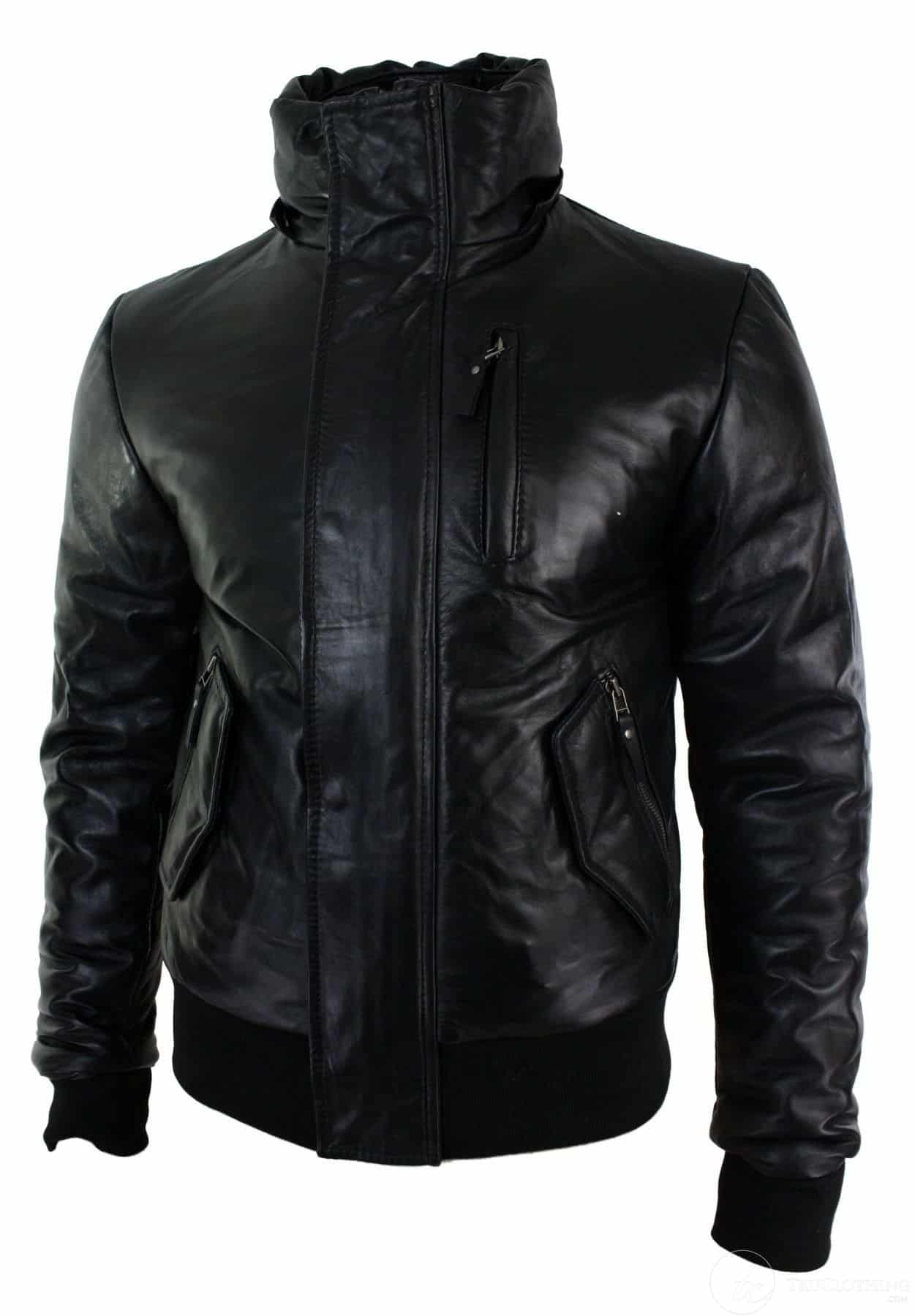 Chaqueta bomber de cuero con capucha de piel auténtica para hombre, color negro, acolchada.