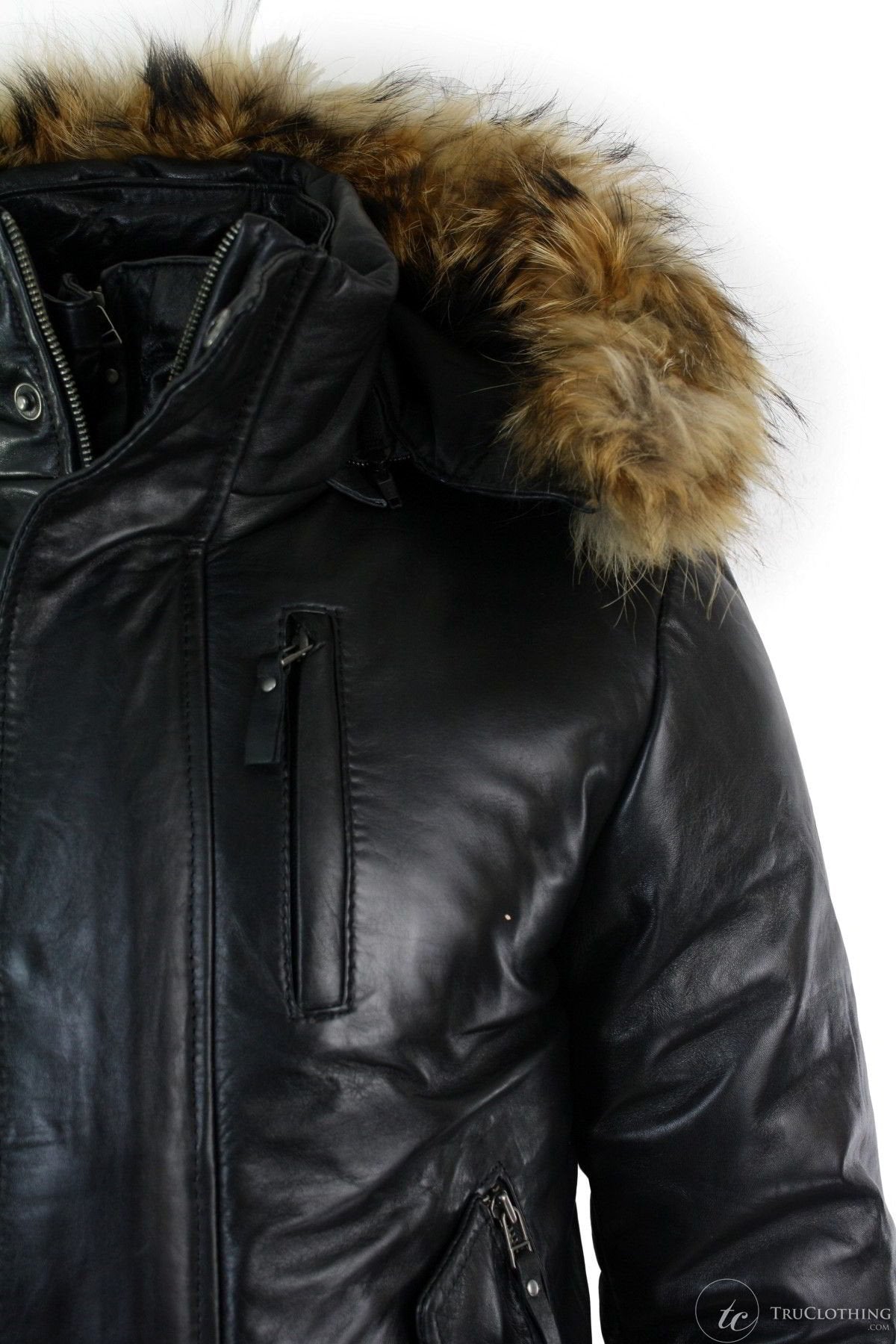 Chaqueta bomber de cuero con capucha de piel auténtica para hombre, color negro, acolchada.