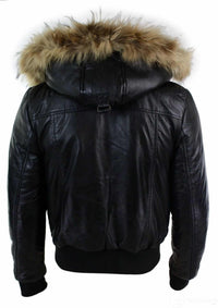 Chaqueta bomber de cuero con capucha de piel auténtica para hombre, color negro, acolchada.