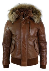Chaqueta bomber de cuero con capucha de piel auténtica para hombre, color negro, acolchada, color tostado.