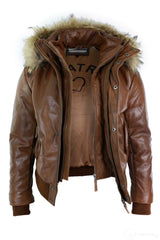 Chaqueta bomber de cuero con capucha de piel auténtica para hombre, color negro, acolchada, color tostado.