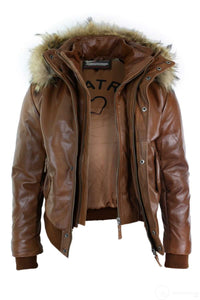 Chaqueta bomber de cuero con capucha de piel auténtica para hombre, color negro, acolchada, color tostado.