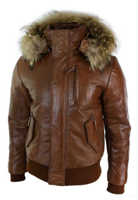Chaqueta bomber de cuero con capucha de piel auténtica para hombre, color negro, acolchada, color tostado.