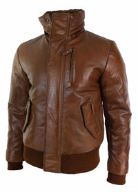 Chaqueta bomber de cuero con capucha de piel auténtica para hombre, color negro, acolchada, color tostado.