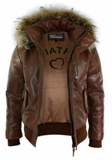 Chaqueta bomber de cuero con capucha de piel auténtica para hombre, color negro, acolchada, color tostado.