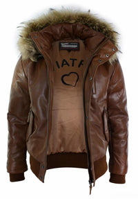 Chaqueta bomber de cuero con capucha de piel auténtica para hombre, color negro, acolchada, color tostado.