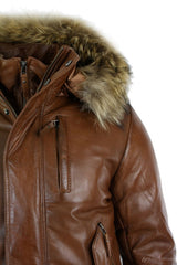 Chaqueta bomber de cuero con capucha de piel auténtica para hombre, color negro, acolchada, color tostado.