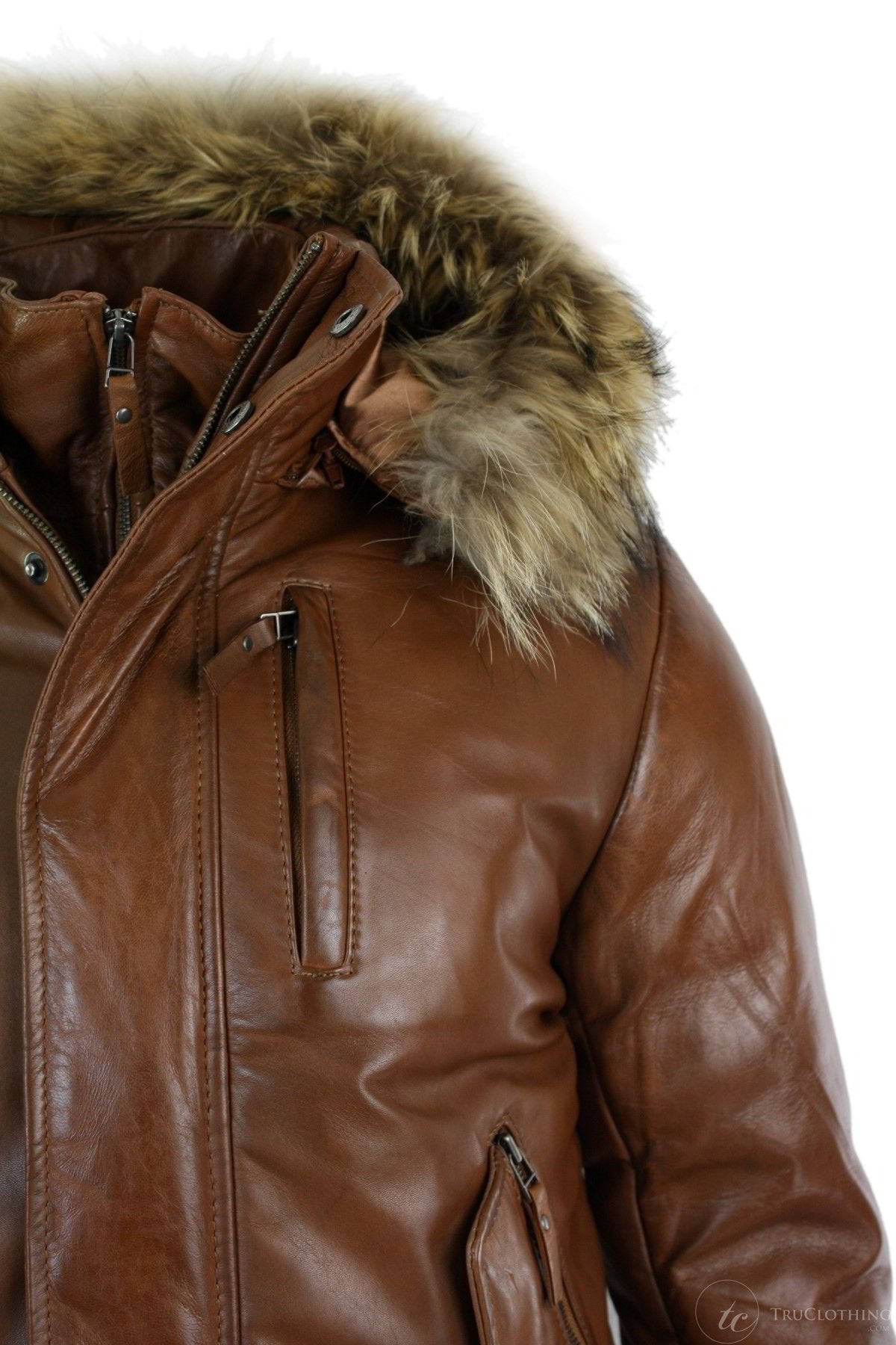 Chaqueta bomber de cuero con capucha de piel auténtica para hombre, color negro, acolchada, color tostado.