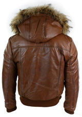 Chaqueta bomber de cuero con capucha de piel auténtica para hombre, color negro, acolchada, color tostado.