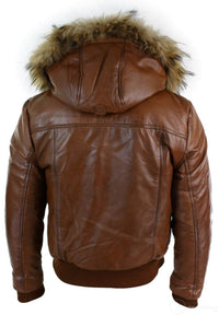 Chaqueta bomber de cuero con capucha de piel auténtica para hombre, color negro, acolchada, color tostado.