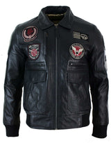 Chaqueta de aviador de cuero auténtico para hombre, color negro, con insignia de piloto de la Fuerza Aérea.
